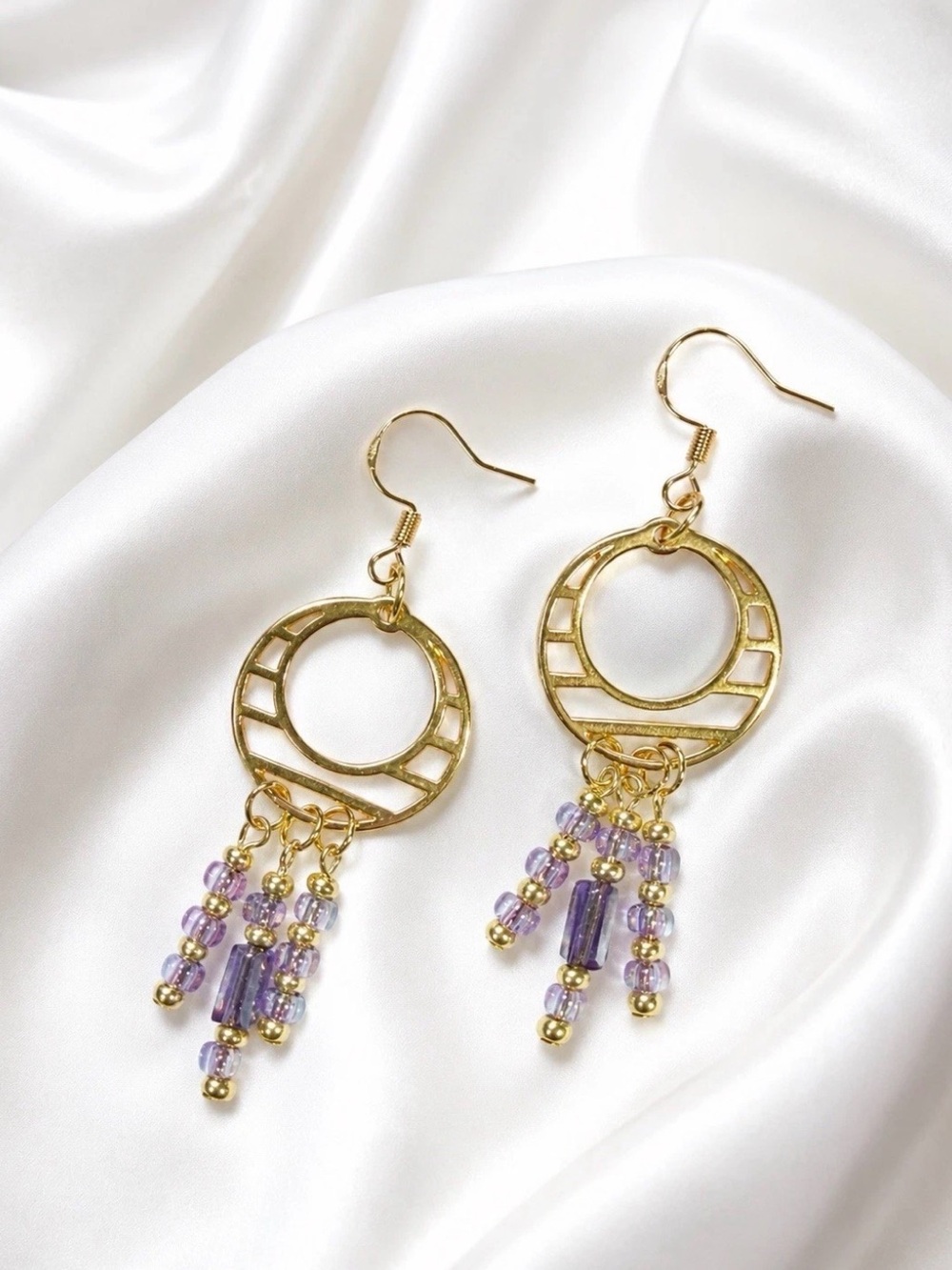 Reimagined AB Glass Bead Heart Dangle Earrings Gold Plated 925 Hooks 2.5” NWT